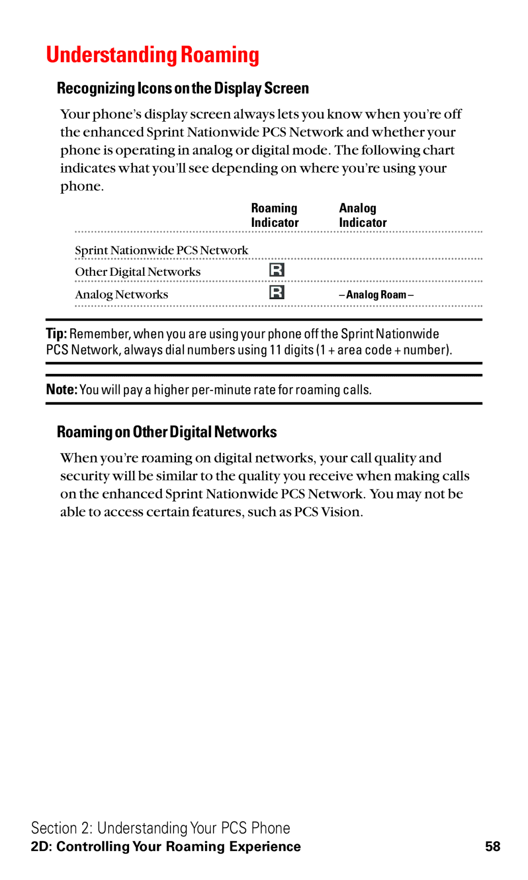 Toshiba VM4050 manual Understanding Roaming, Recognizing Icons on the Display Screen, Roaming on Other Digital Networks 