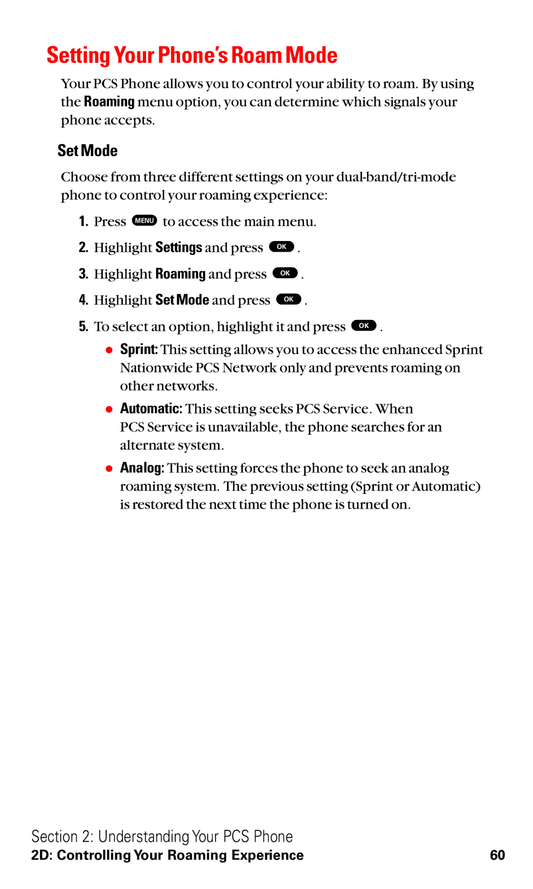 Toshiba VM4050 manual Setting Your Phone’s Roam Mode, Set Mode 