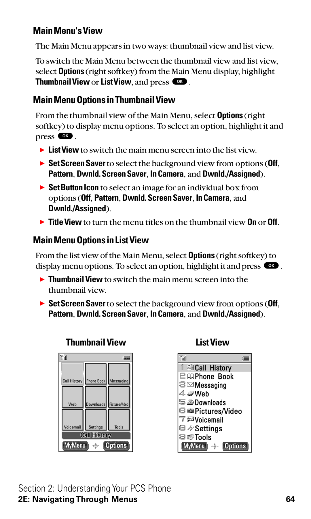 Toshiba VM4050 manual Main Menus View, Main Menu Options in Thumbnail View, Main Menu Options in List View 