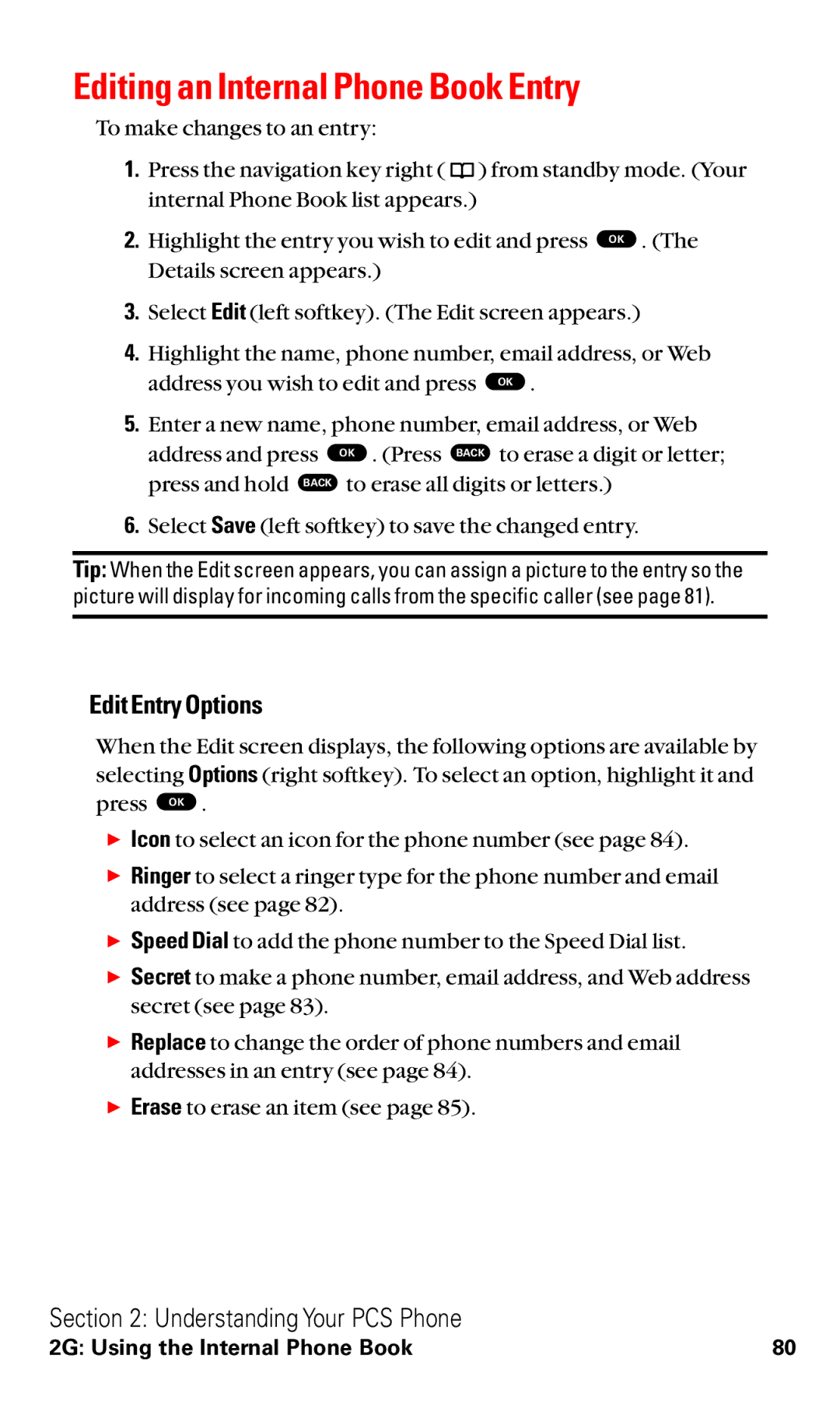 Toshiba VM4050 manual Editing an Internal Phone Book Entry, Edit Entry Options 