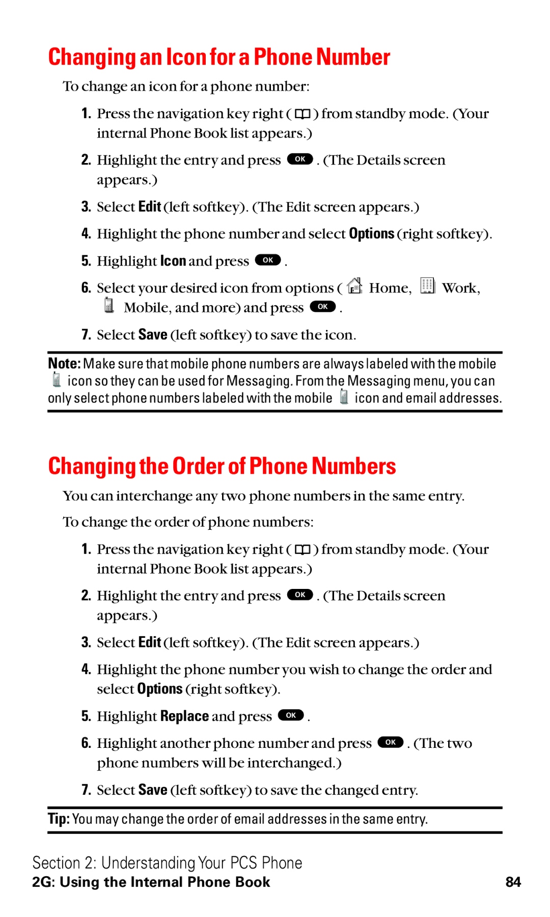 Toshiba VM4050 manual Changing an Icon for a Phone Number, Changing the Order of Phone Numbers 