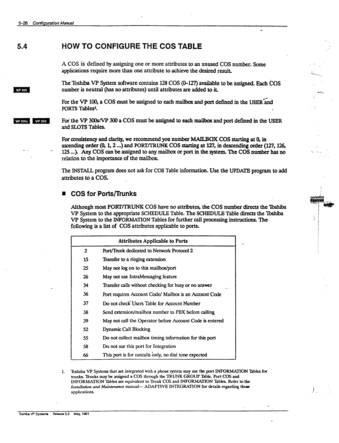 Toshiba VP 300S manual 4HOW to Configure the COS Table, COS for Ports/Trunks, Attributes to a COS 