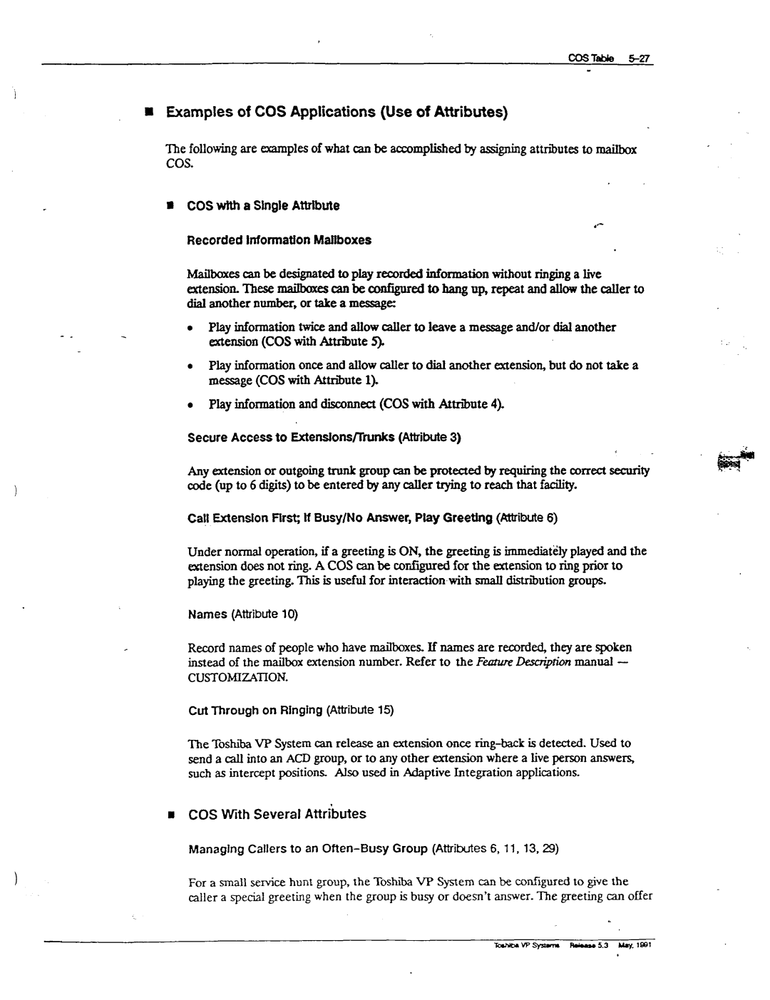 Toshiba VP 300S manual Examples of COS Applications Use of Attributes, Names Attribute, Cut Through on Ringing Attribute 