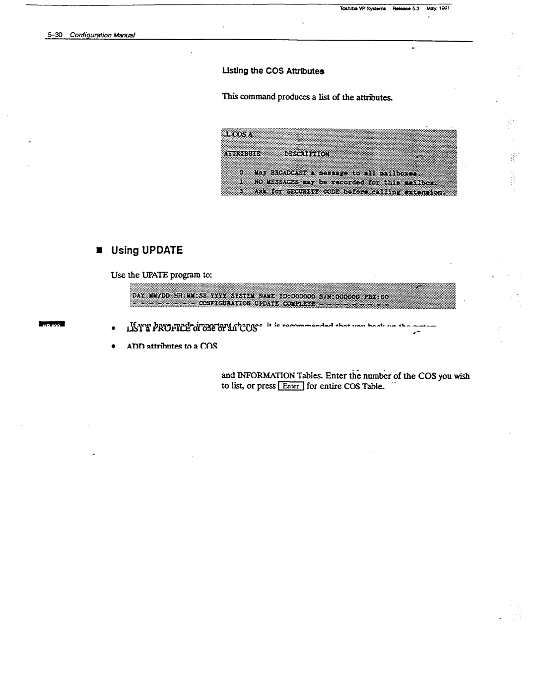 Toshiba VP 300S manual To list, or press, Lkthg the COS Attributes, For entire COS Table 