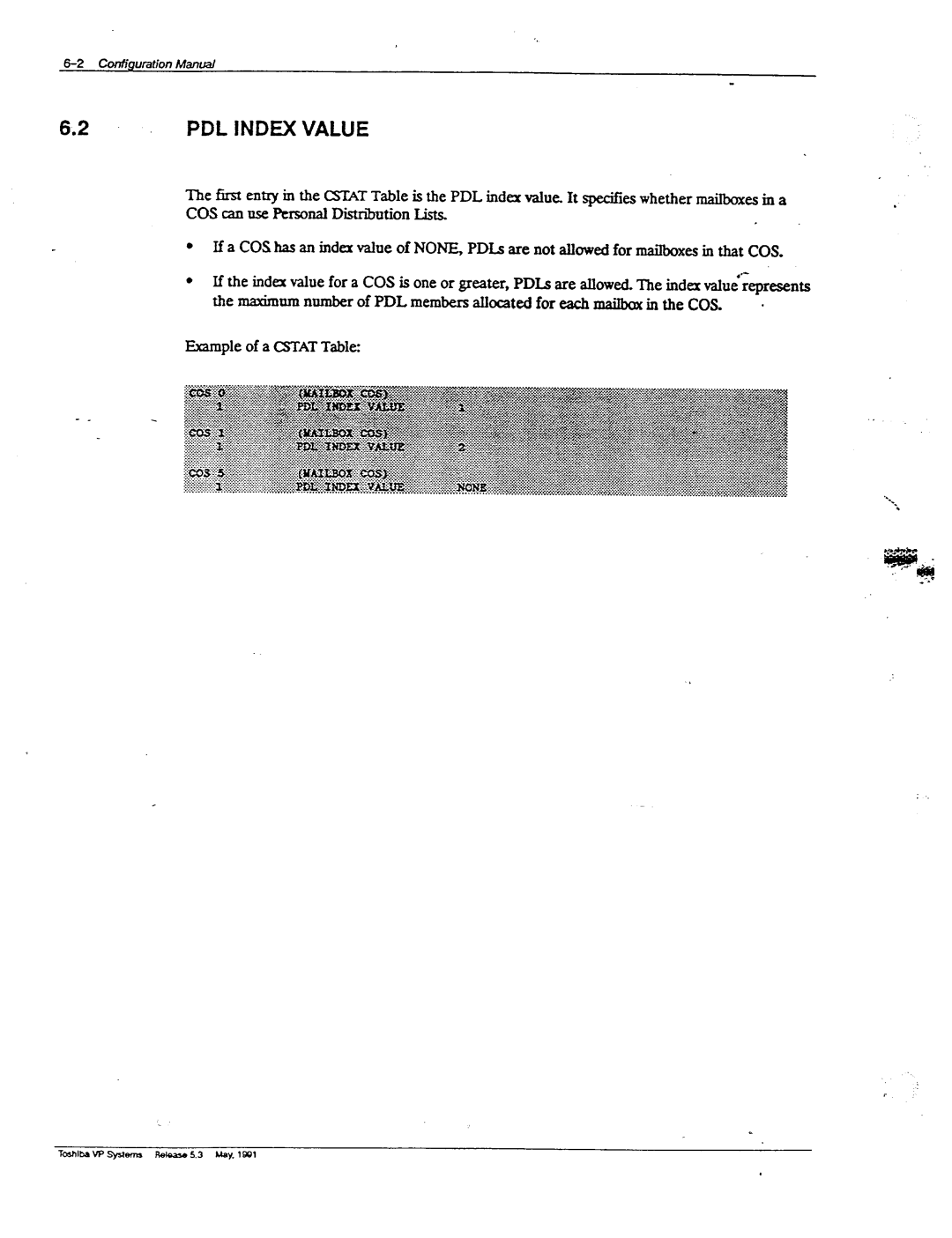 Toshiba VP 300S manual PDL Index Value, Example of a Cstat Table 