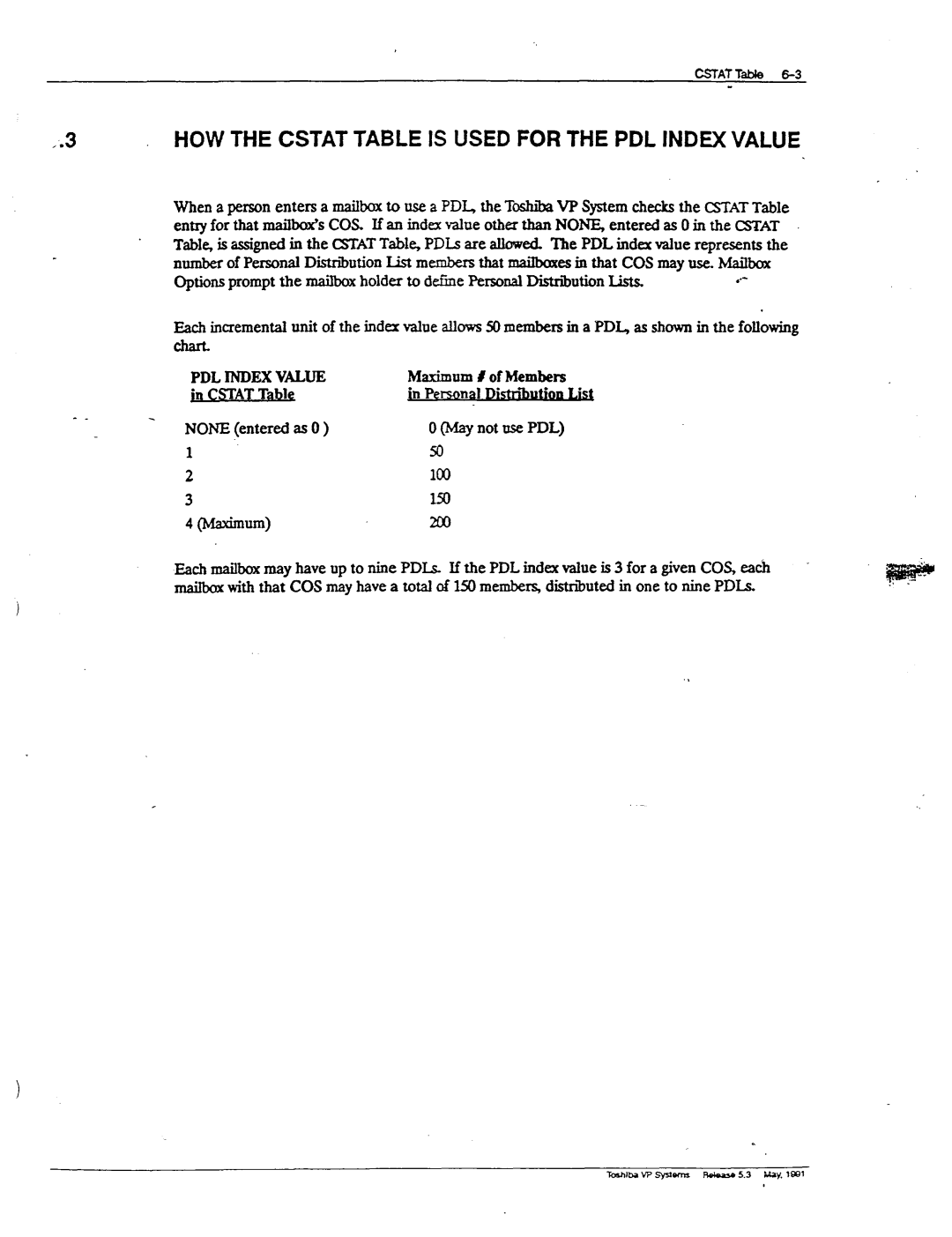 Toshiba VP 300S manual 3HOW the Cstat Table is Used for the PDL Index Value, Cstat Table None entered as 0 1 2 Maximum 