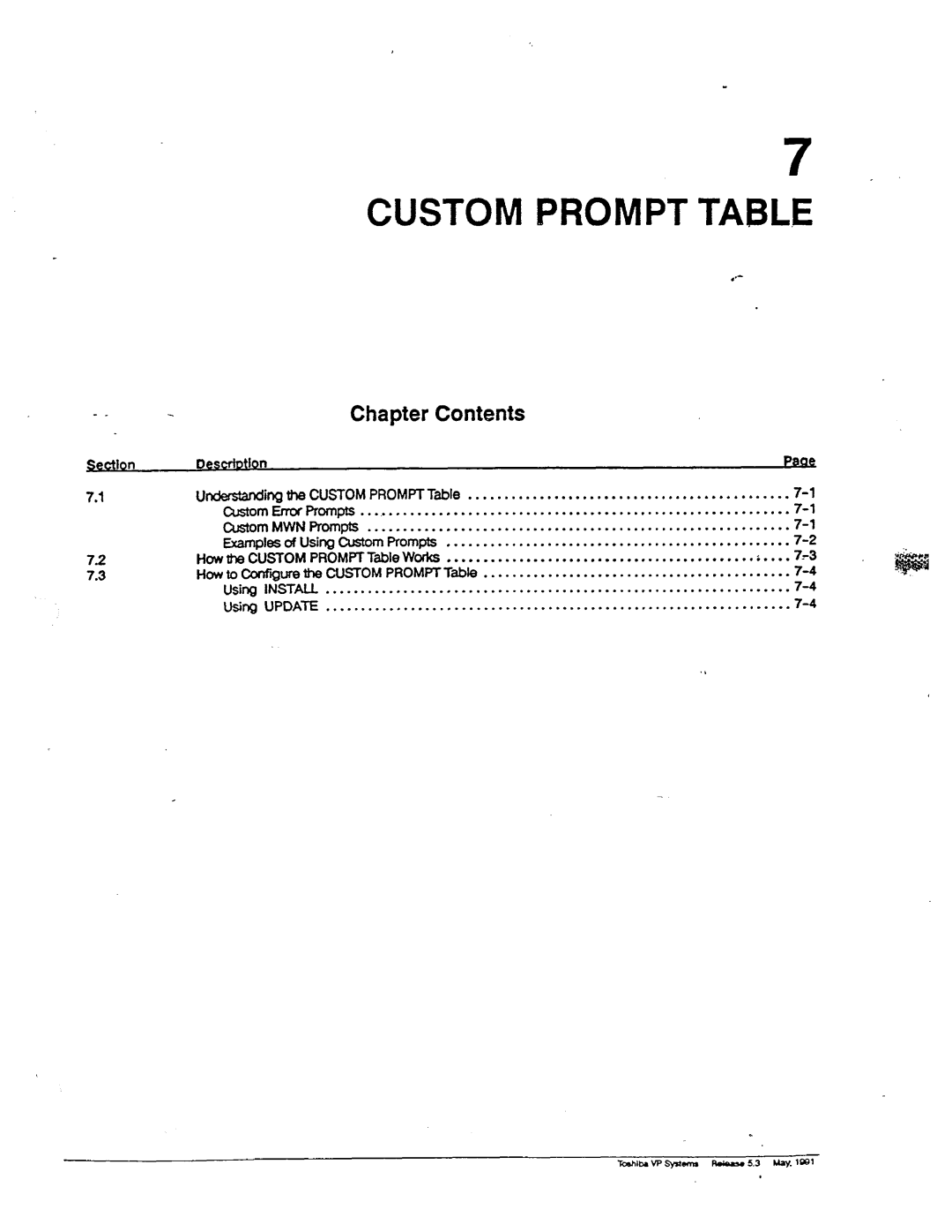 Toshiba VP 300S manual Custom Prompt Table 