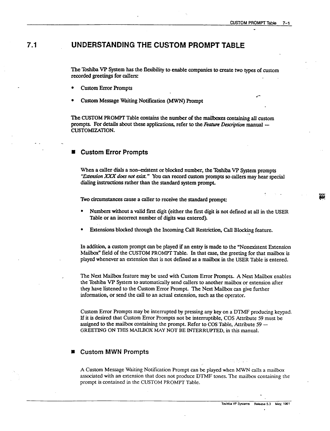 Toshiba VP 300S manual 1UNDERSTANDING the Custom Prompt Table, Custom Error Prompts, Custom MWN Prompts 