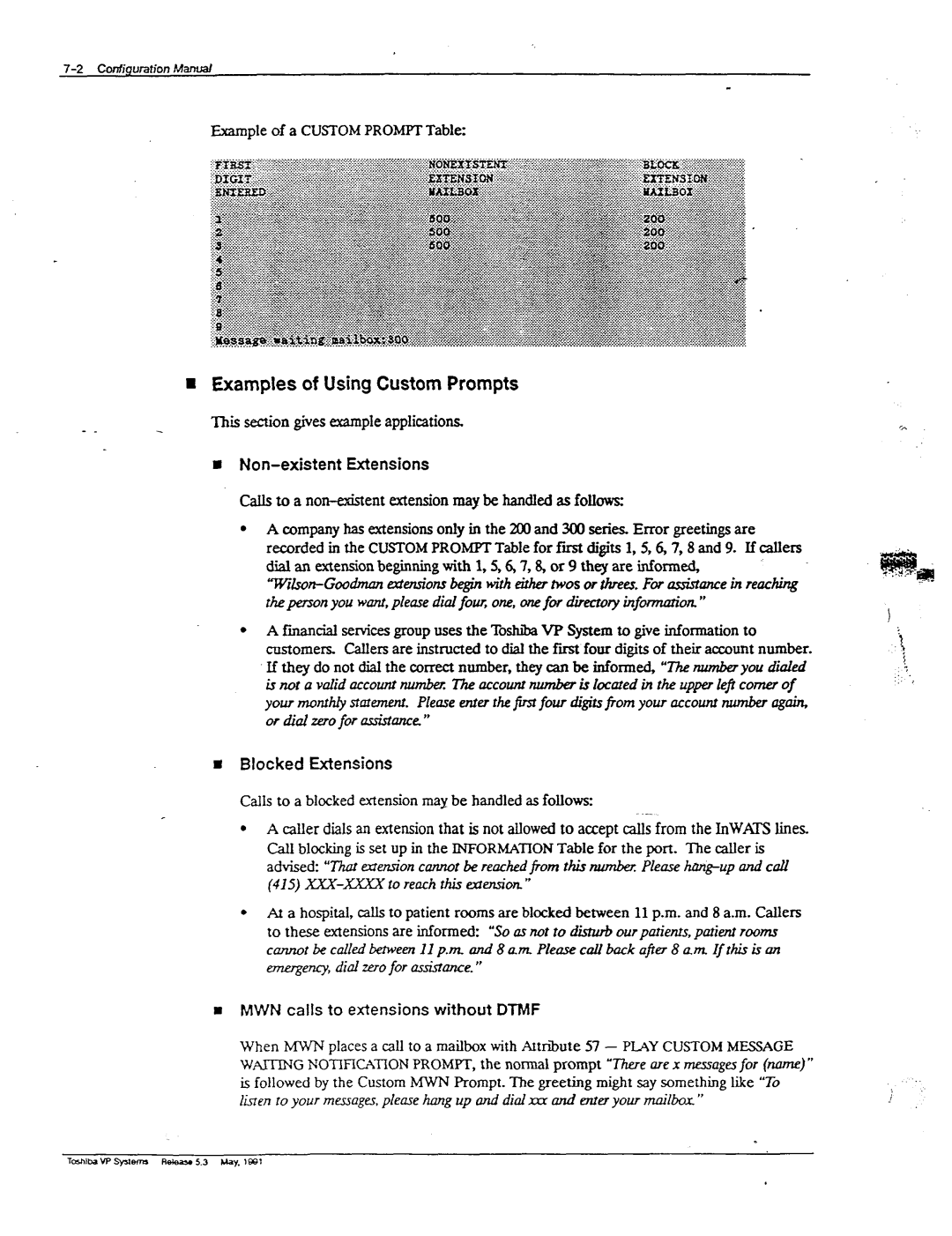 Toshiba VP 300S manual Examples of Using Custom Prompts, Example of a Custom Prompt Table, ‘Thue 