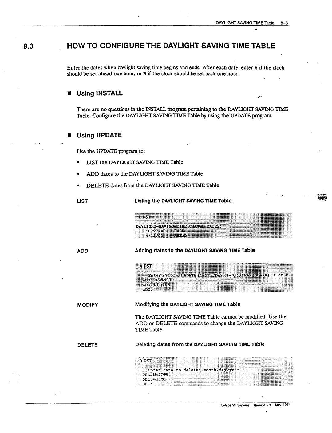 Toshiba VP 300S manual 3HOW to Configure the Daylight Saving Time Table, Time Delete 