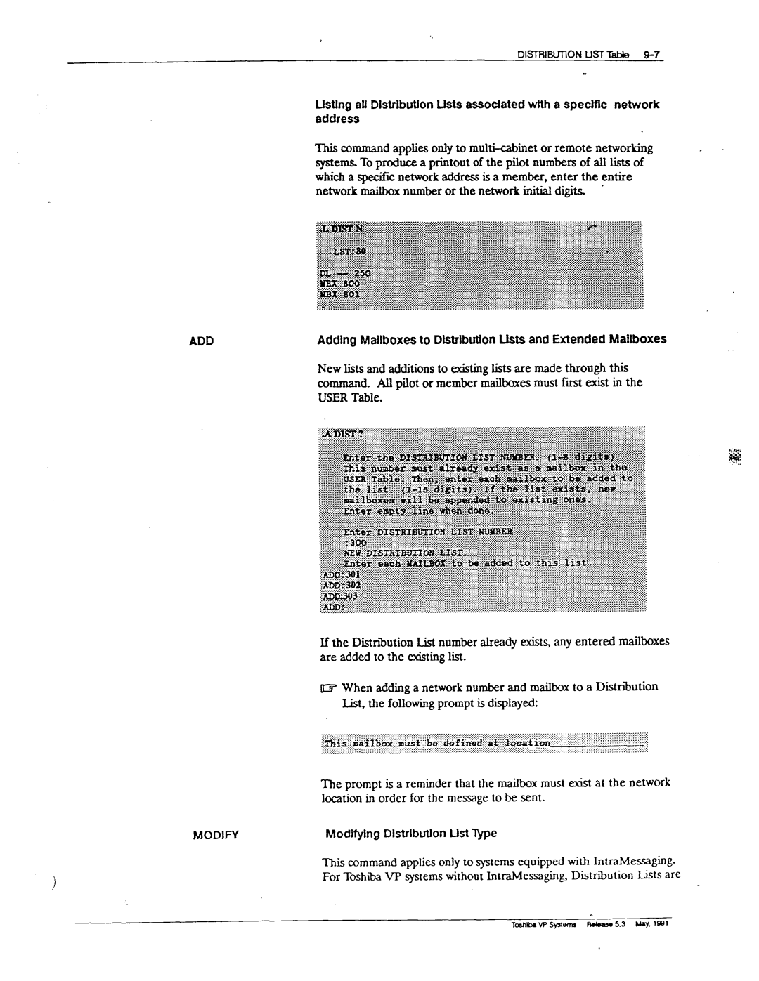 Toshiba VP 300S manual Adding Mailboxes to, Distribution Lkts and Extended, Modifying Distrlbutlon Ust T&e 