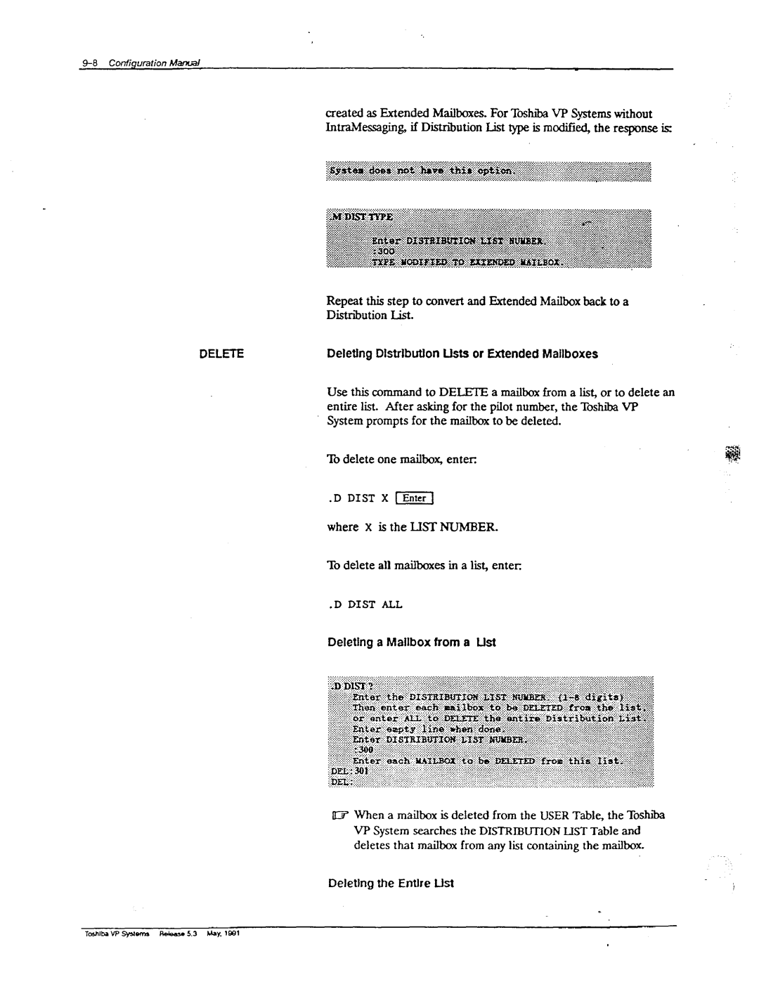 Toshiba VP 300 Repeat this step to convert and Extended Mailbox back to a, System prompts for the mailbox to be deleted 