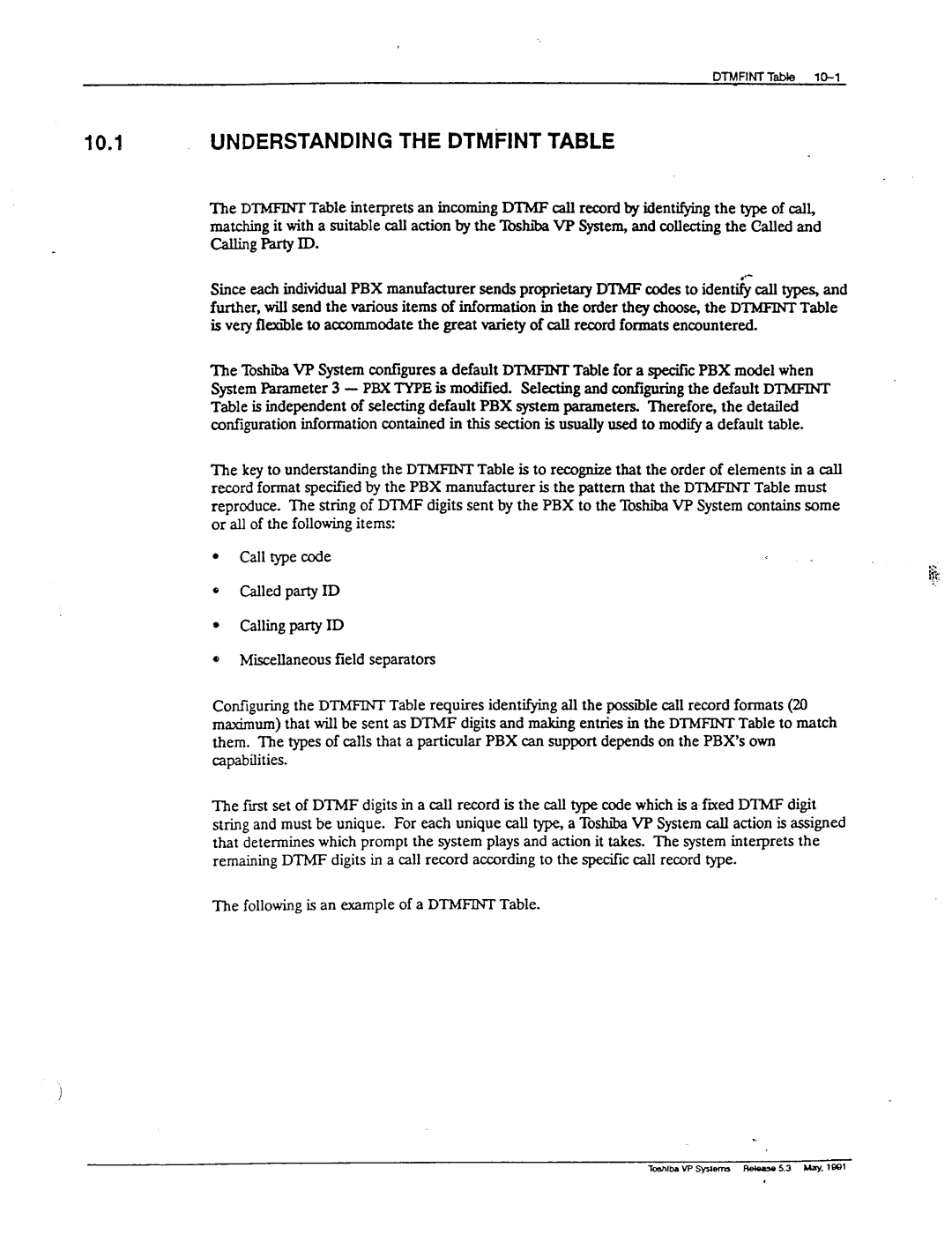 Toshiba VP 300S manual Understanding the Dtmfint Table, Following is an example of a Dtmfint Table 