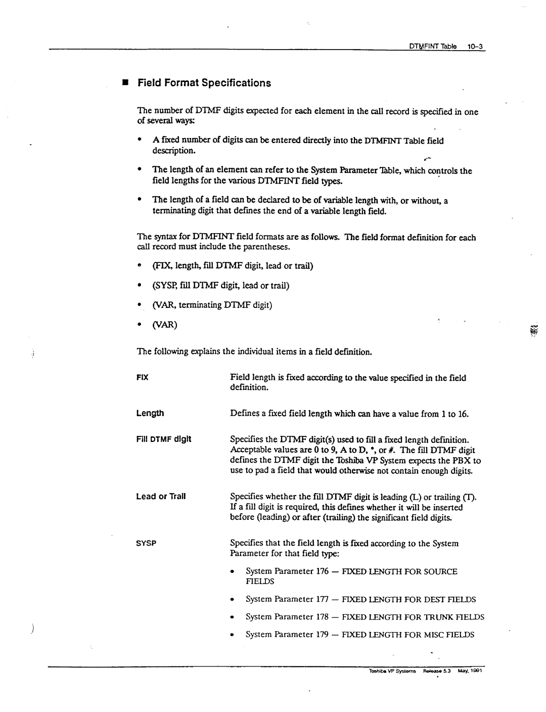 Toshiba VP 300S manual Field Format Specifications, Length, Lead or Trail 