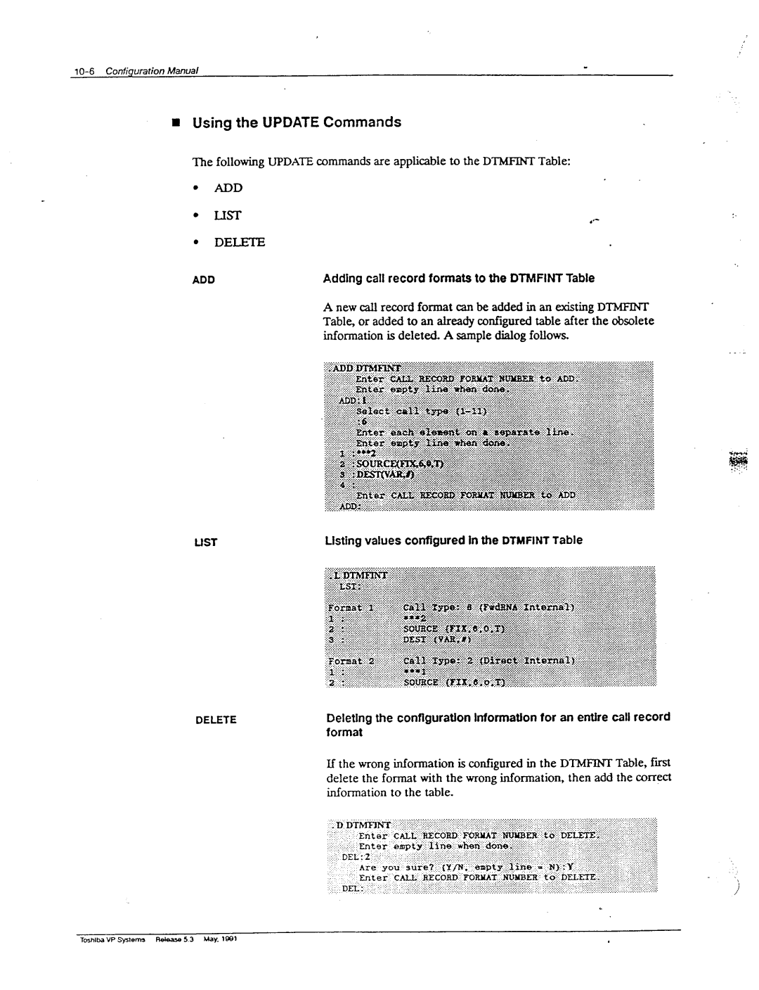 Toshiba VP 300S manual Using the Update Commands, Listing values configured In the Dtmfint Table 