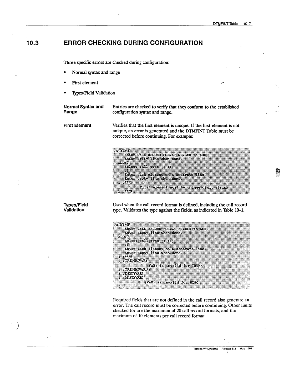 Toshiba VP 300S manual Normal syntax and range, Element @ield Validation Normal Syntax Entries, Syntax and range, That 