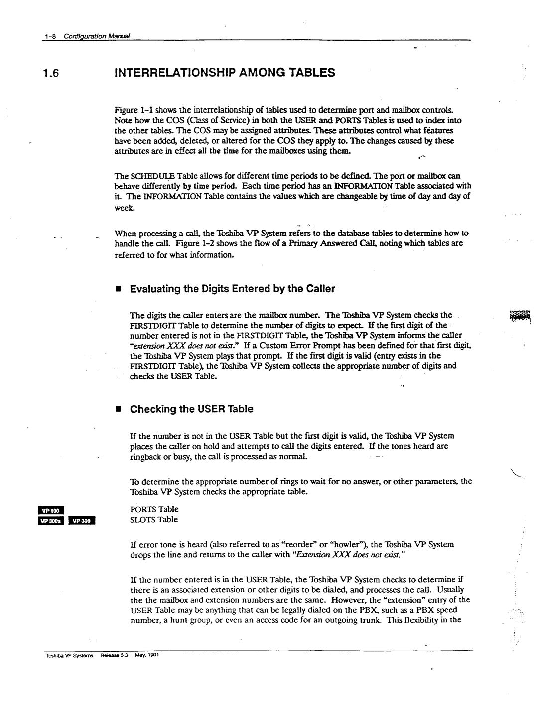 Toshiba VP 300S 6INTERREIATIONSHIP Among Tables, Evaluating the Digits Entered by the Caller, Checking the User Table 