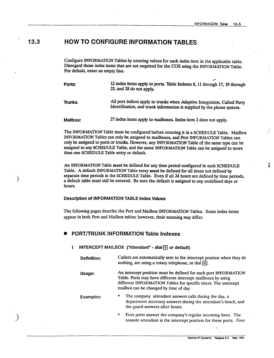 Toshiba VP 300S manual HOW to Configure Information Tables, PORT/TRUNK Information Table Indexes, Mallbox 