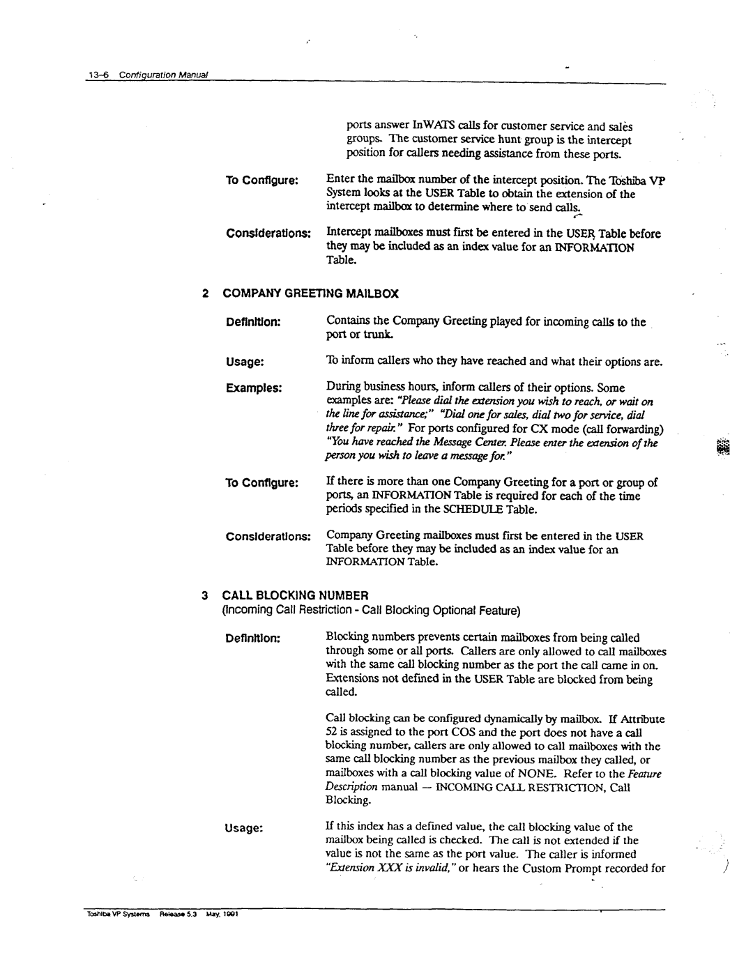 Toshiba VP 300S manual To Conftgure, Usage, To Configure, IncomingCall Restriction- Call BlockingOptionalFeature 