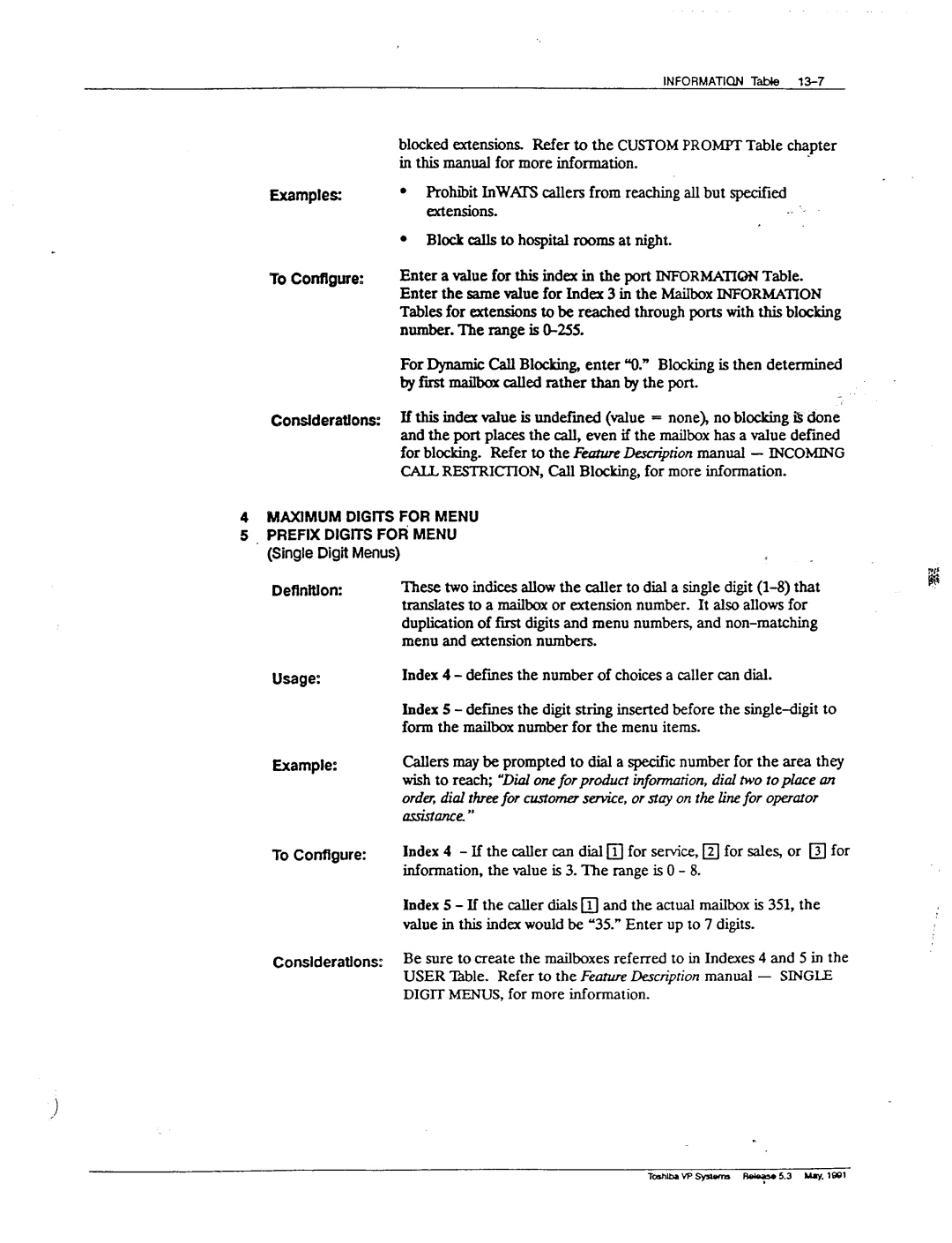 Toshiba VP 300S manual Call RESTRICTION, Call Blocking, for more information, Examples To configure Conslderatlons 