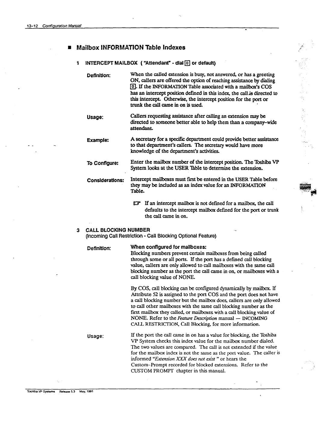 Toshiba VP 300S manual Mailbox Information Table Indexes, Intercept Mailbox, Call Blocking Number 