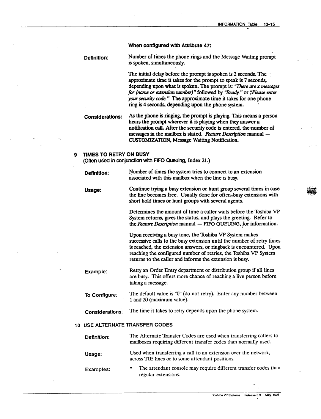 Toshiba VP 300S manual Times to Retry on Busy, maximum value Conslderatlons, USE Alternate Transfer Codes 