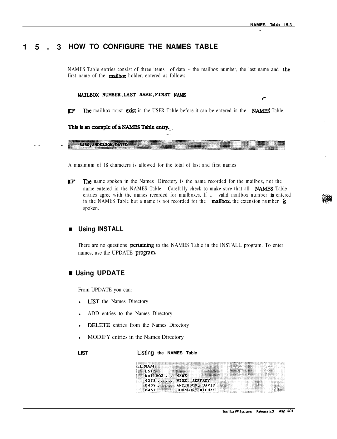 Toshiba VP 300S manual HOW to Configure the Names Table 