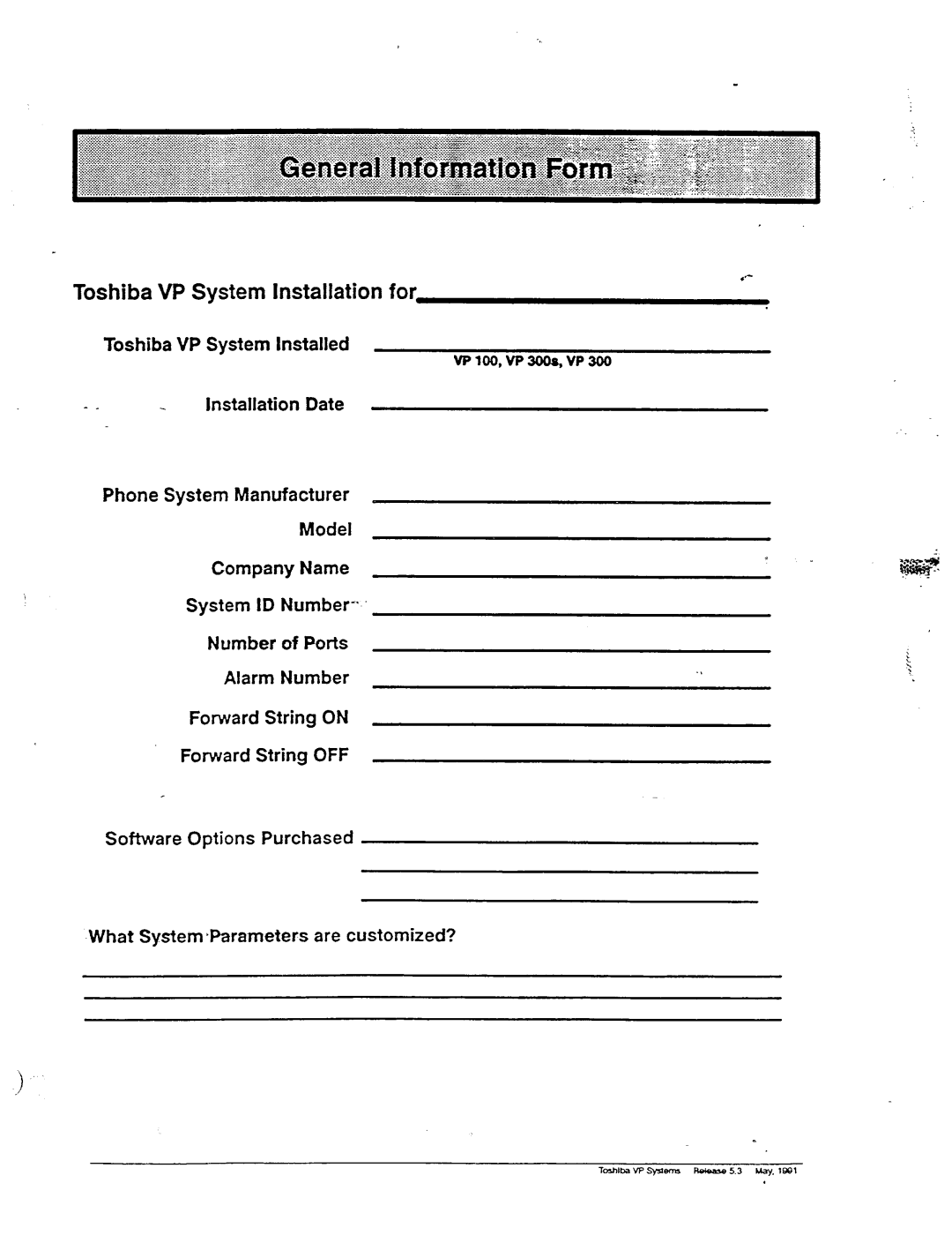 Toshiba VP 300S manual Toshiba VP System Installation for, Toshiba VP System Installed 