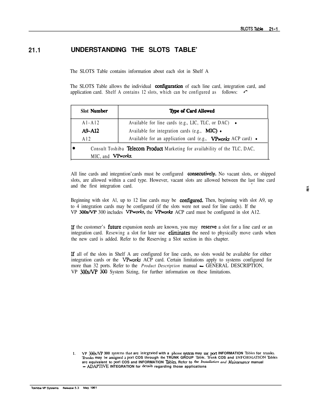 Toshiba VP 300S manual Understanding the Slots TABLE’ 