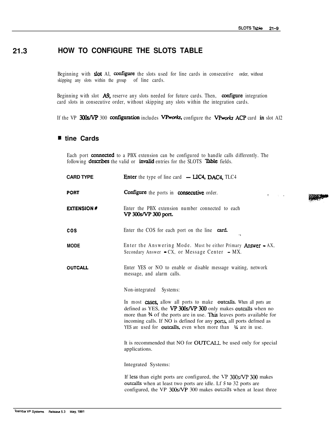 Toshiba VP 300S manual HOW to Configure the Slots Table, Tine Cards 