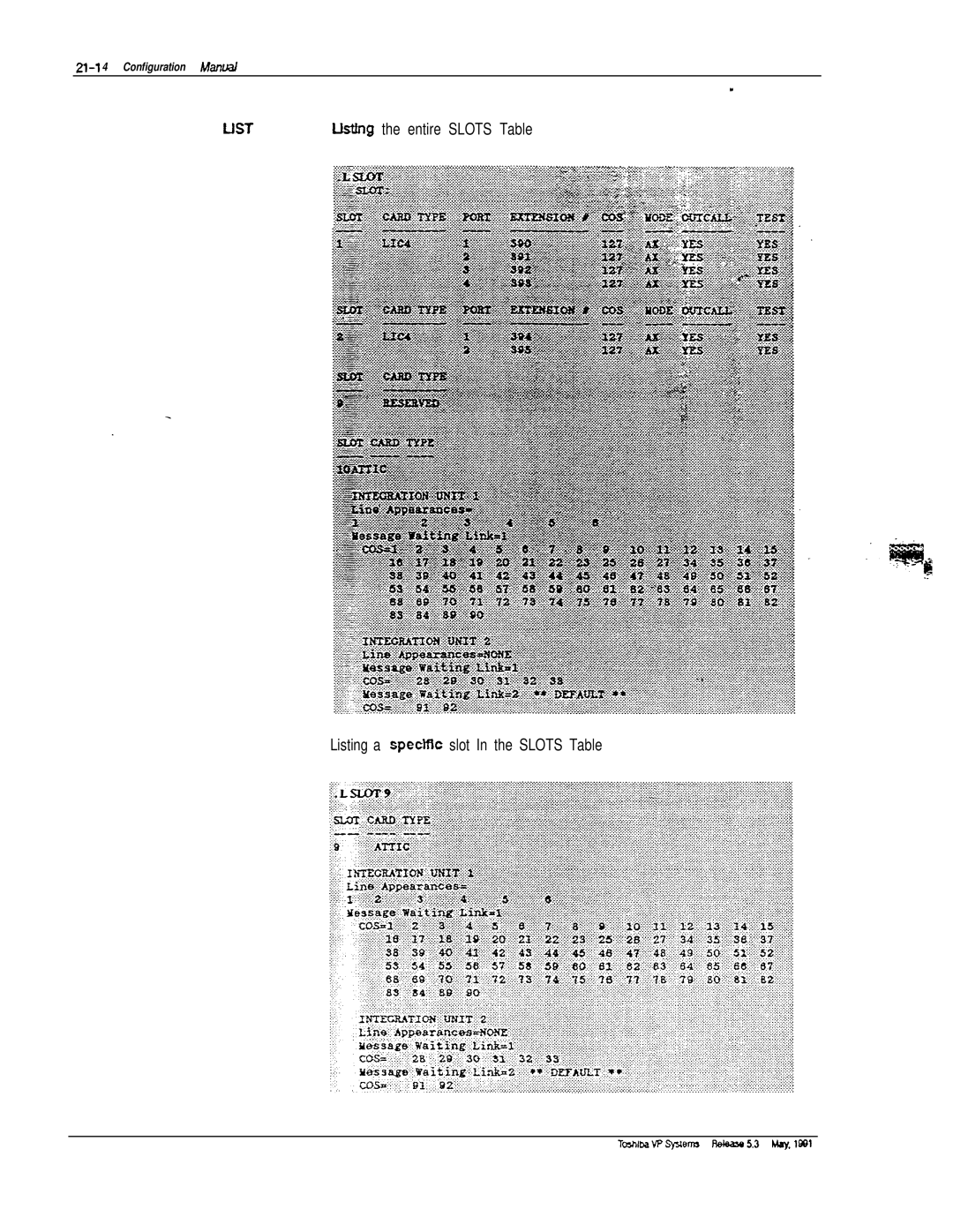 Toshiba VP 300S manual Ljst, Listing a spedfic slot In the Slots Table 