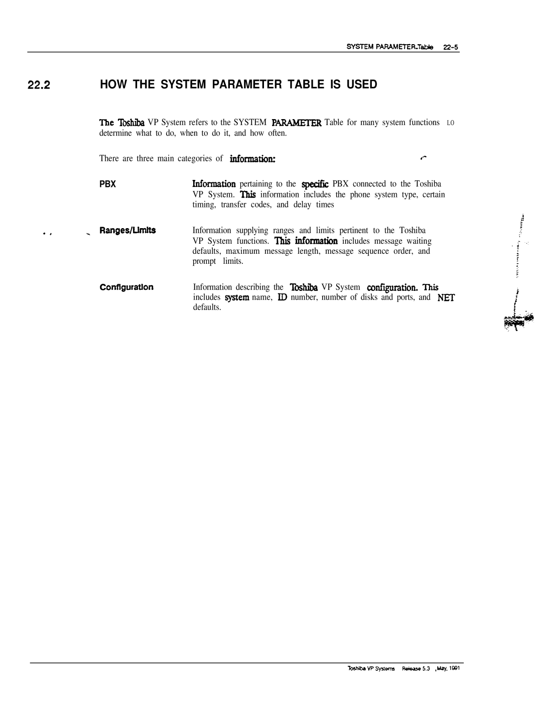 Toshiba VP 300S manual HOW the System Parameter Table is Used, RangesWmlts 