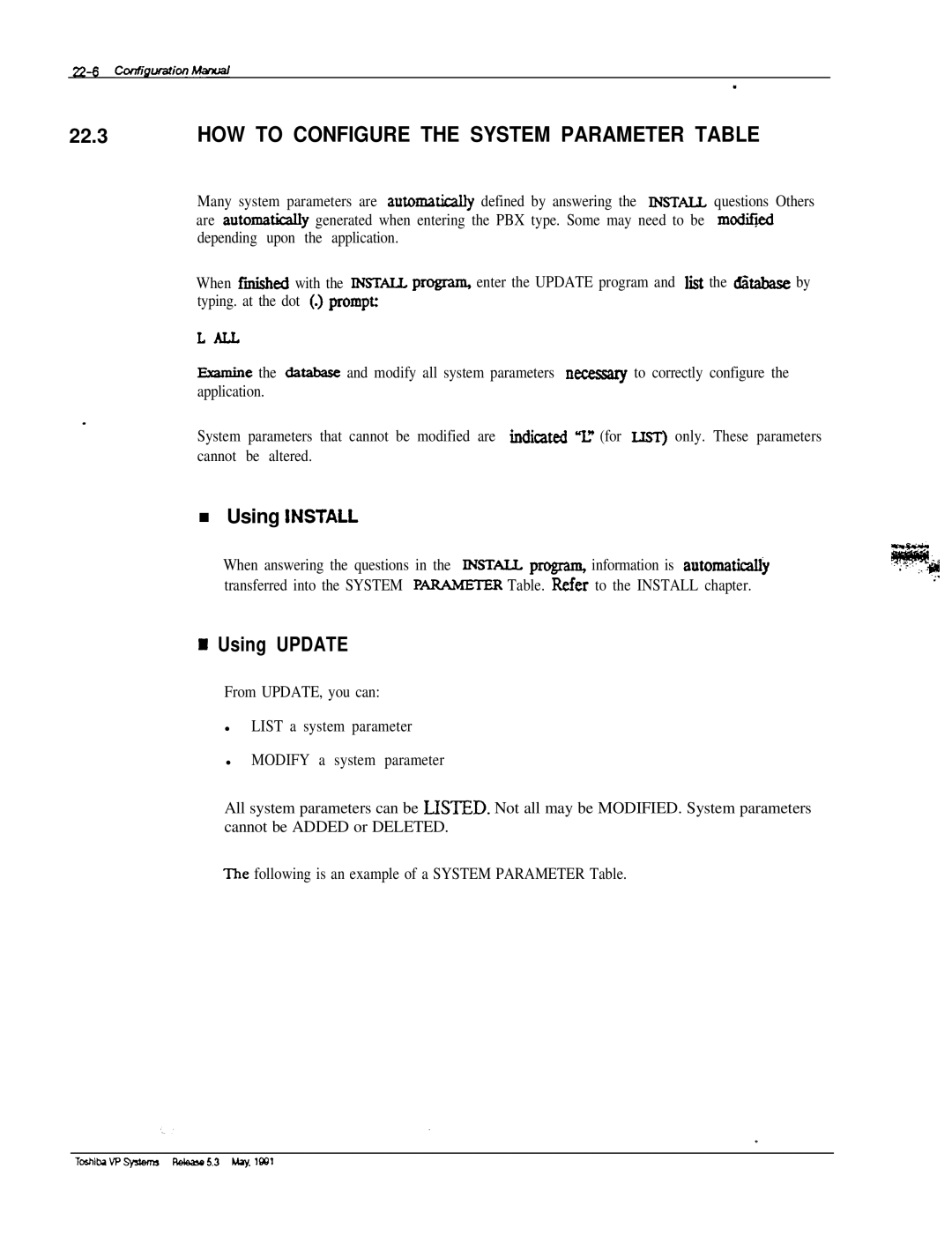 Toshiba VP 300S manual HOW to Configure the System Parameter Table, Lall 