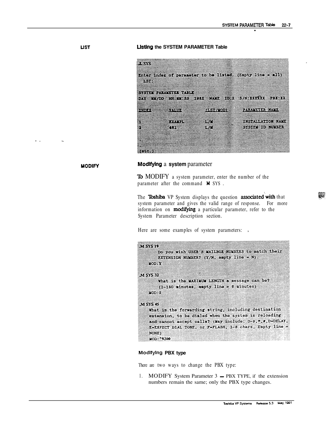 Toshiba VP 300S manual Modtfying a system parameter 