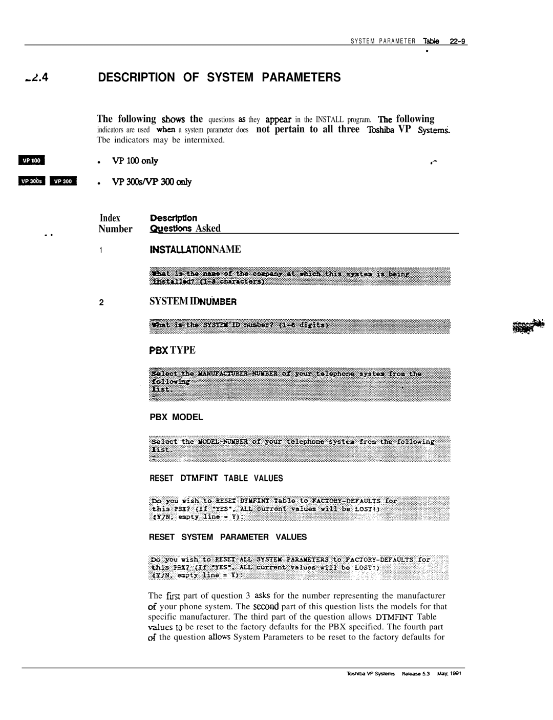 Toshiba VP 300S manual Description of System Parameters, Imstallationname System IDNU‘MBER PBX Type 