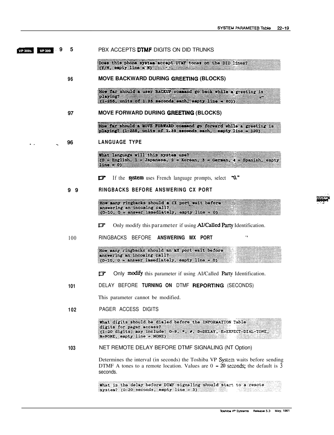 Toshiba VP 300S manual =-- 9 5 PBX Accepts Dtmf Digits on did Trunks, Delay Before Turning on Dtmf REPORTlNG Seconds 