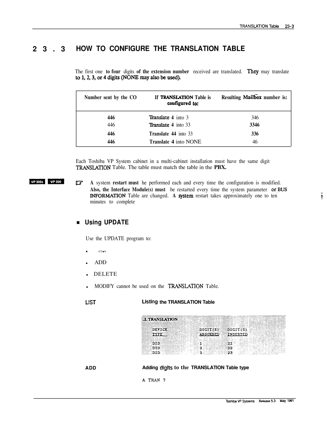 Toshiba VP 300S manual HOW to Configure the Translation Table, Translate 4 into None 