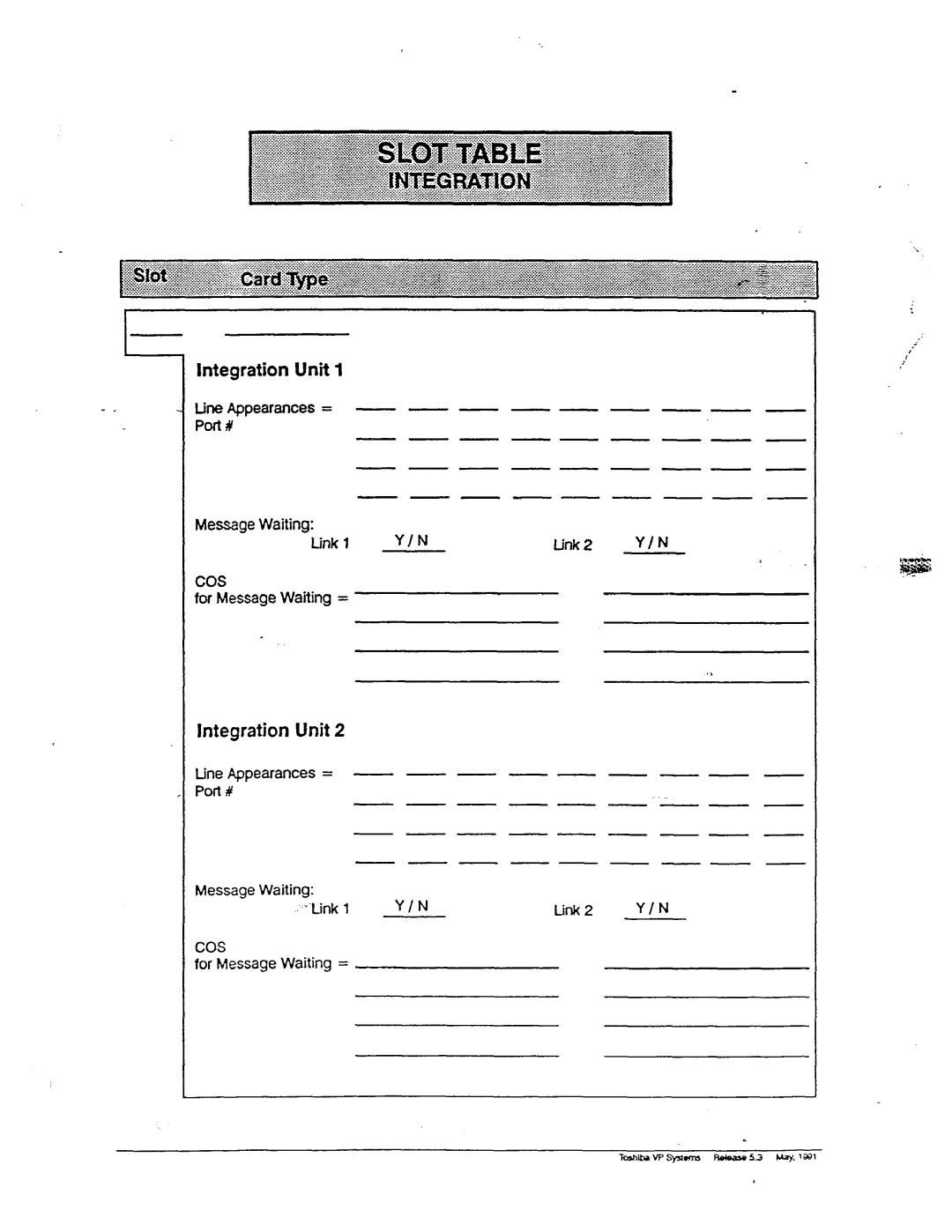 Toshiba VP 300S manual Integration Unit, Tine Appearances = Port # Message Waiting ~-.bnk ‘f/N Tinkz, Cos For Message 