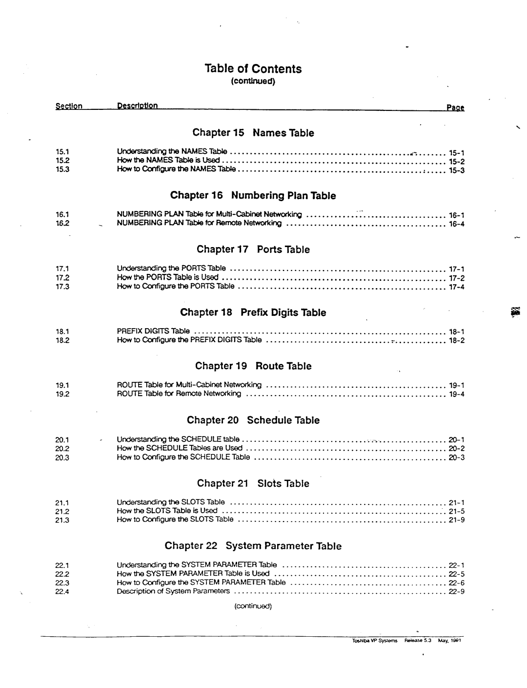 Toshiba VP 300S manual Chapter Names Table, Numbering Plan Table, Ports Table, Prefm Digits Table, Chapter Route, Slots 