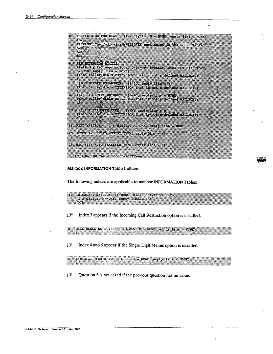 Toshiba VP 300S manual Mailbox Information Table Indices 