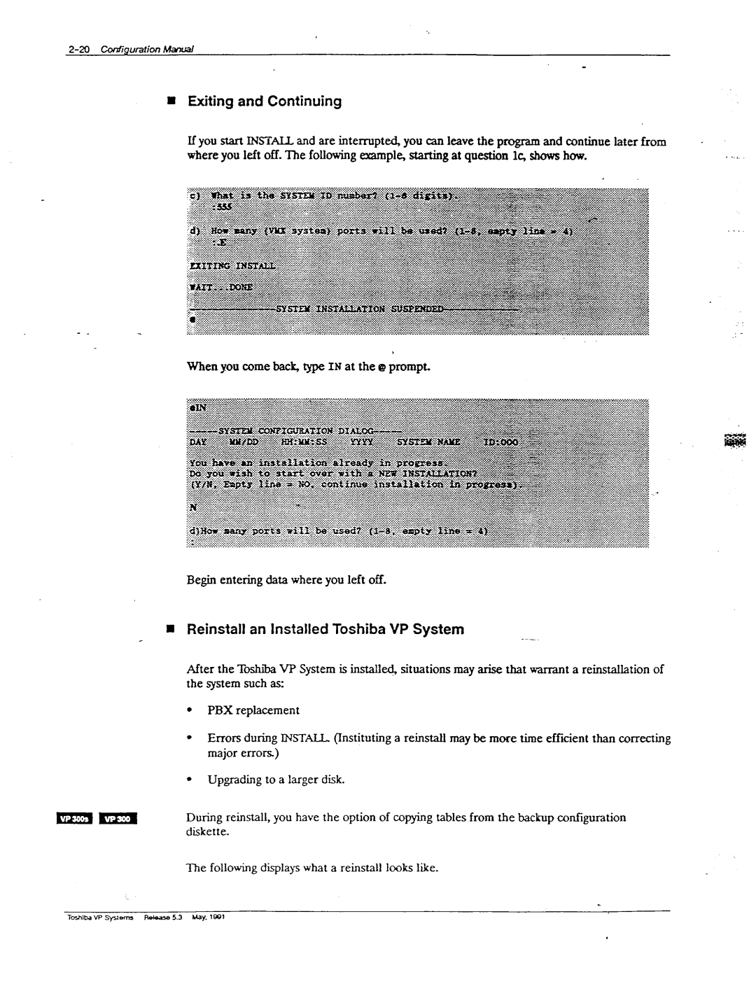 Toshiba VP 300 manual Exiting and Continuing, Reinstall an Installed Toshiba VP System, Starting at question lc, shows how 