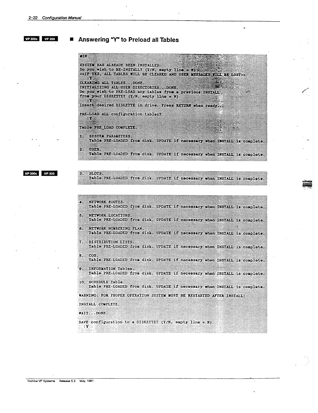 Toshiba VP 300S manual Answering ‘Y to Preload all Tables 