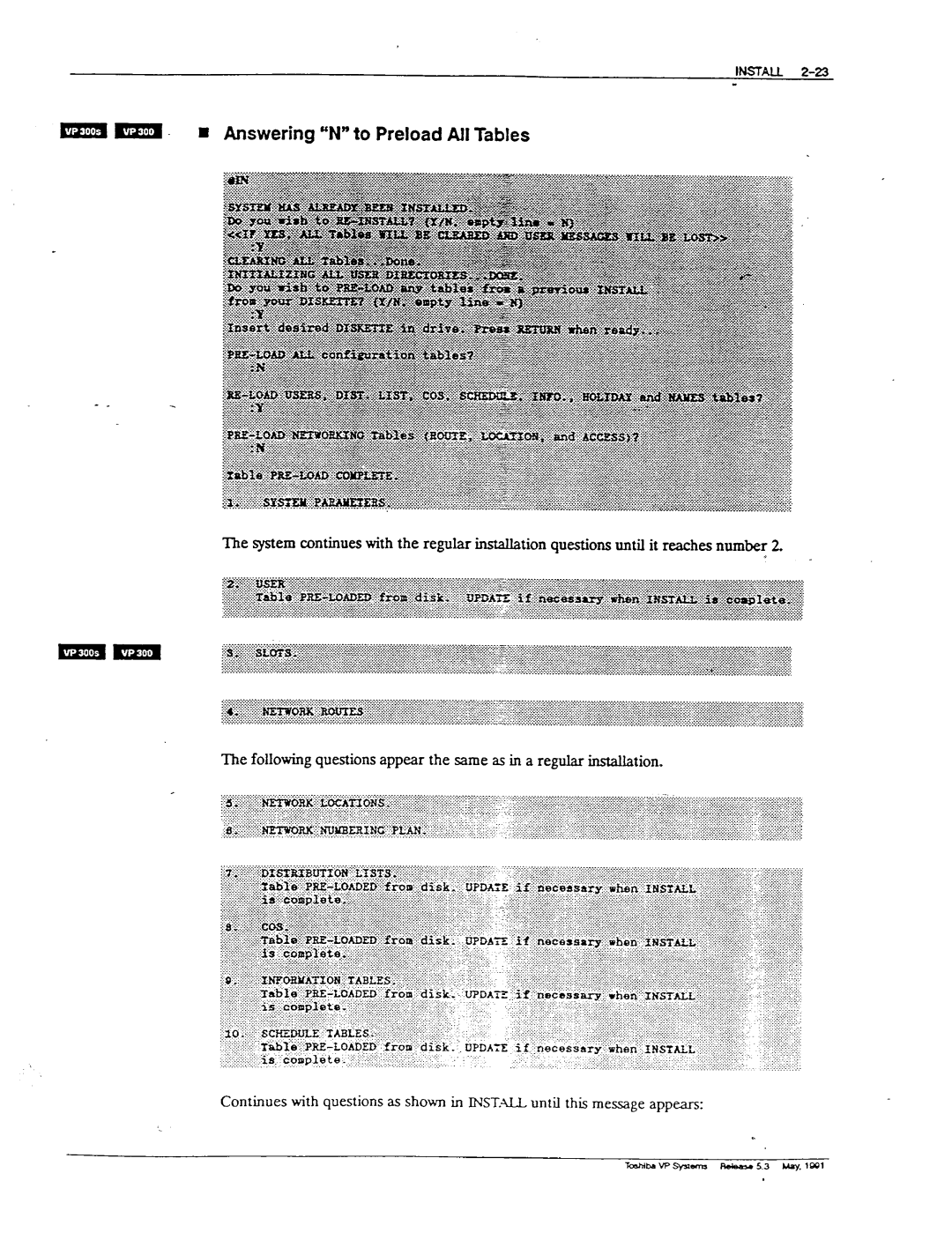 Toshiba VP 300S manual D Answering N to Preload All Tables, Install 2-23 m 