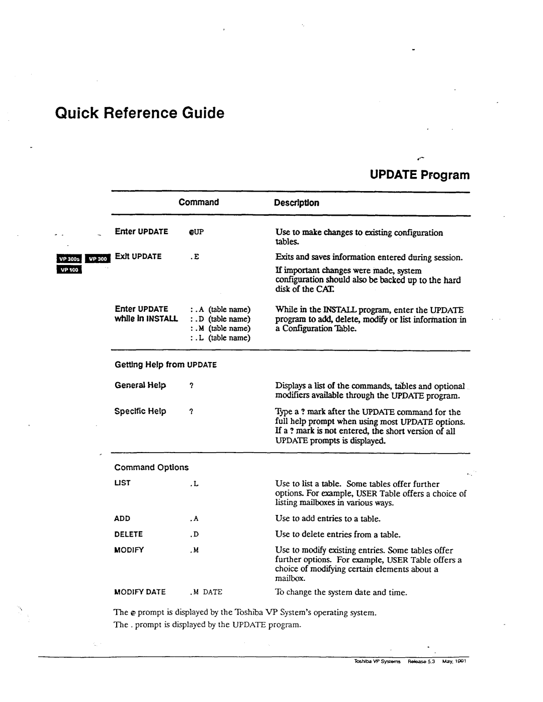 Toshiba VP 300S manual CommandDescription, Useto makechangesto existing ~nfiguration, Specific Help 