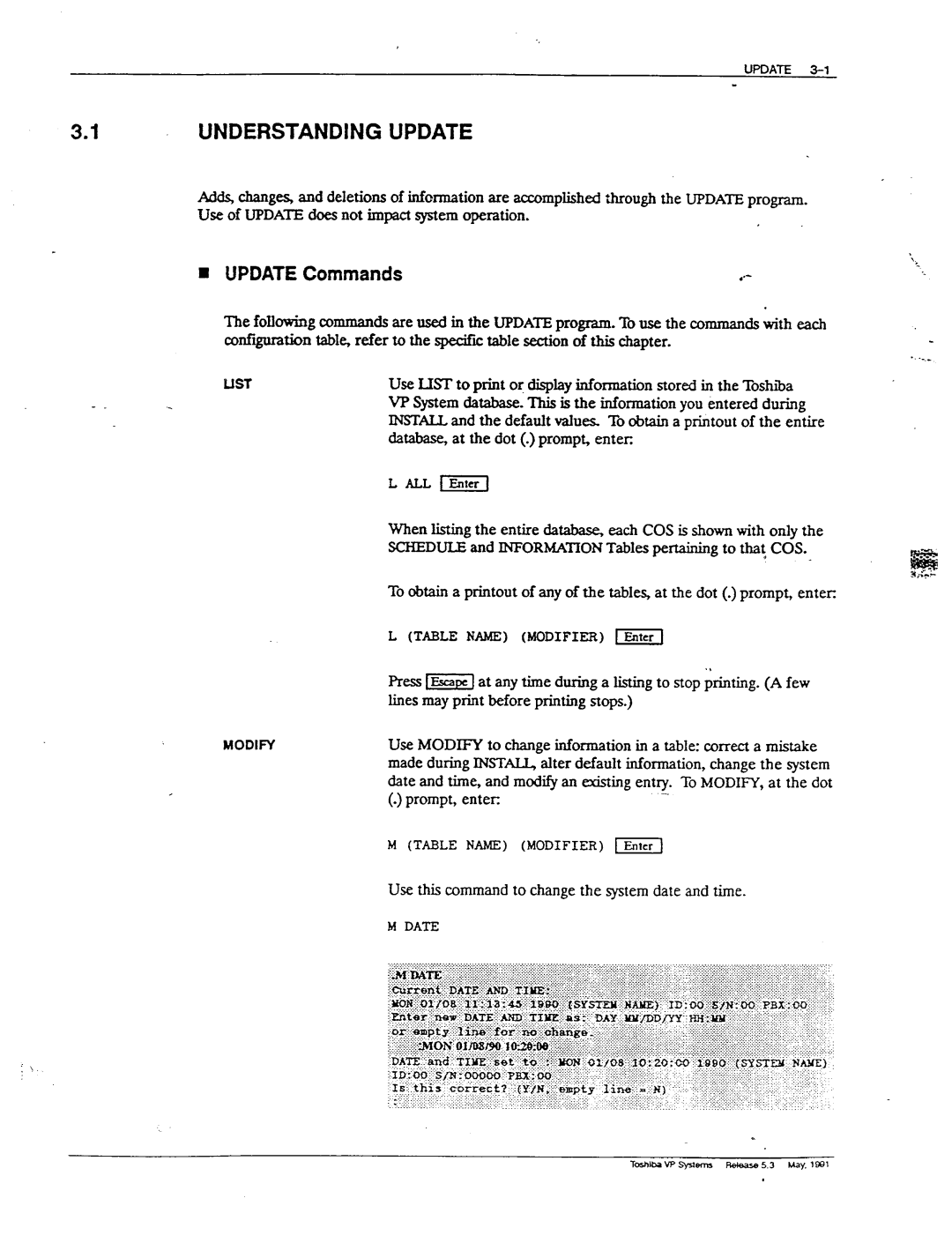 Toshiba VP 300S manual 1UNDERSTANDING Update, Update Commands, List 