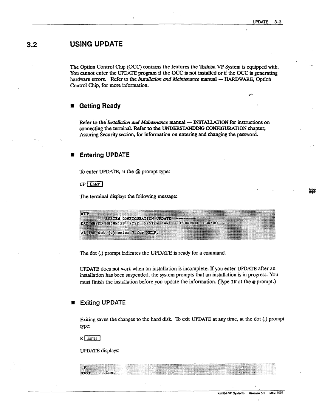 Toshiba VP 300S manual Getting Ready, Entering Update, Exiting Update 