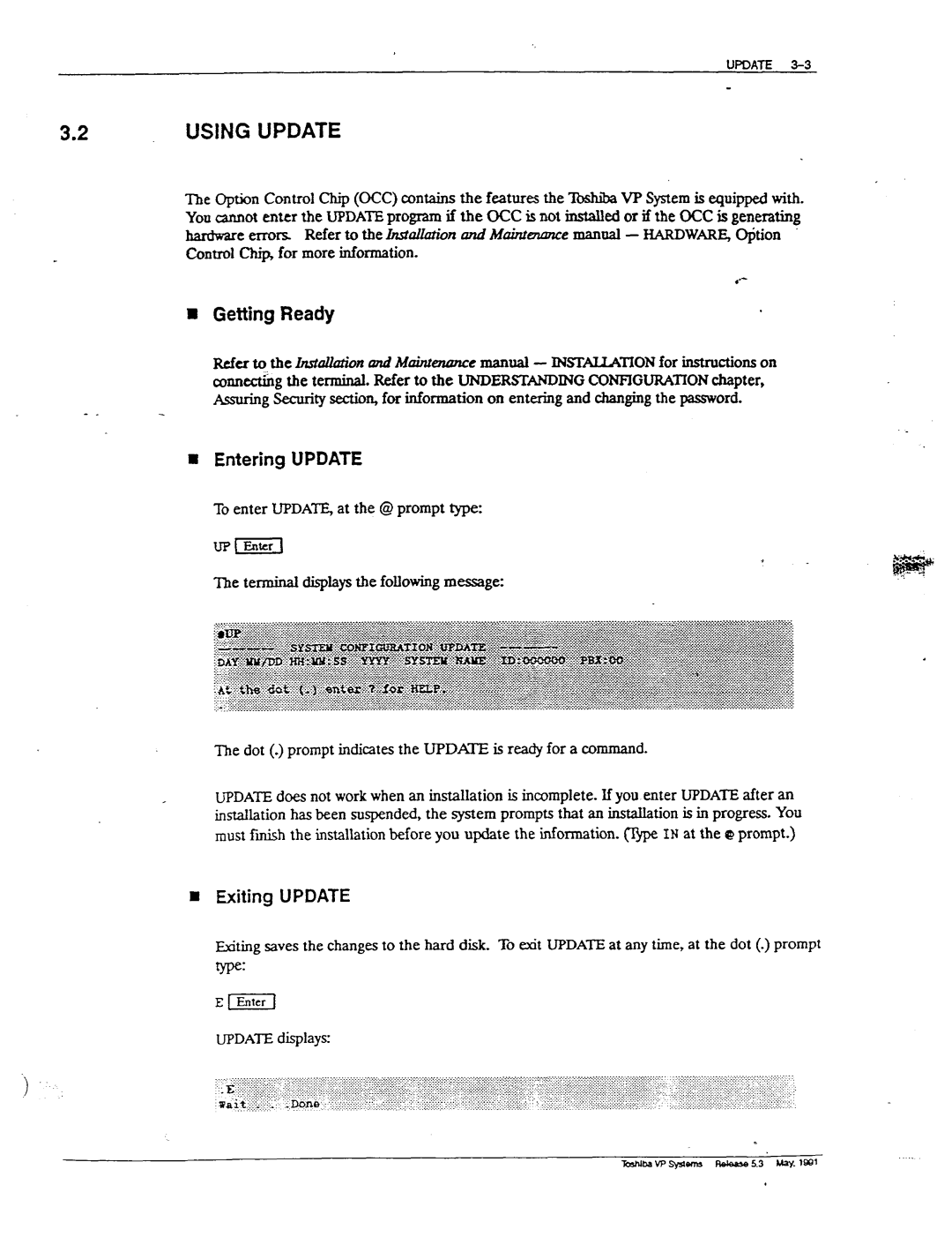 Toshiba VP 300S manual 2USING Update, Yek, Update displays 