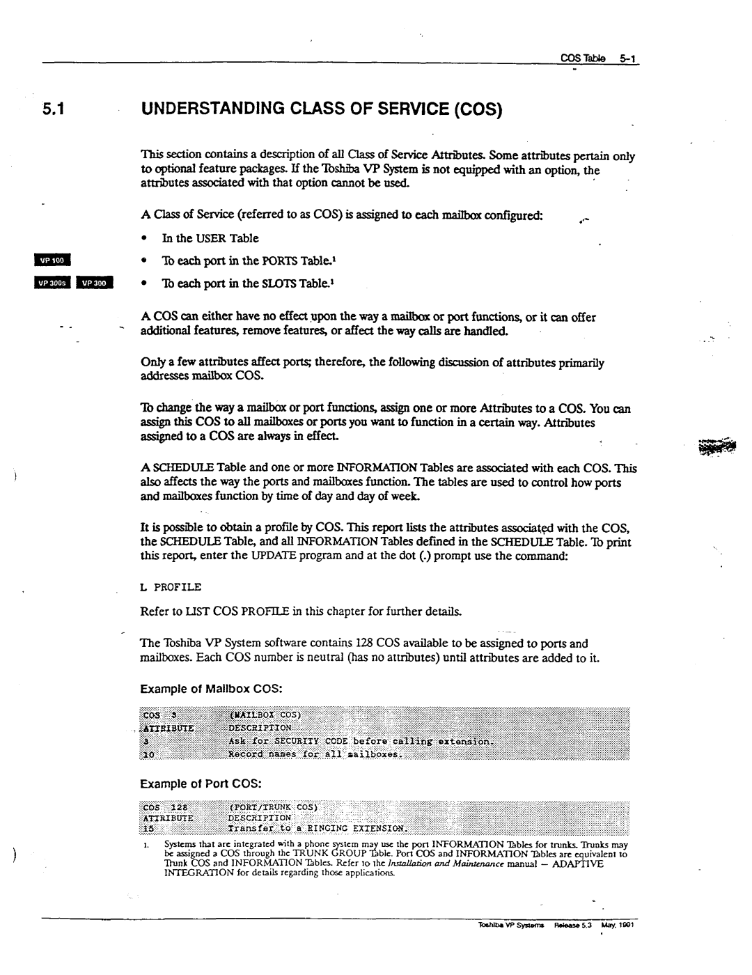 Toshiba VP 300S 1UNDERSTANDING Class of Service COS, PORTSTable..l, Or affect the way calls are handled, Affect Por The&o 