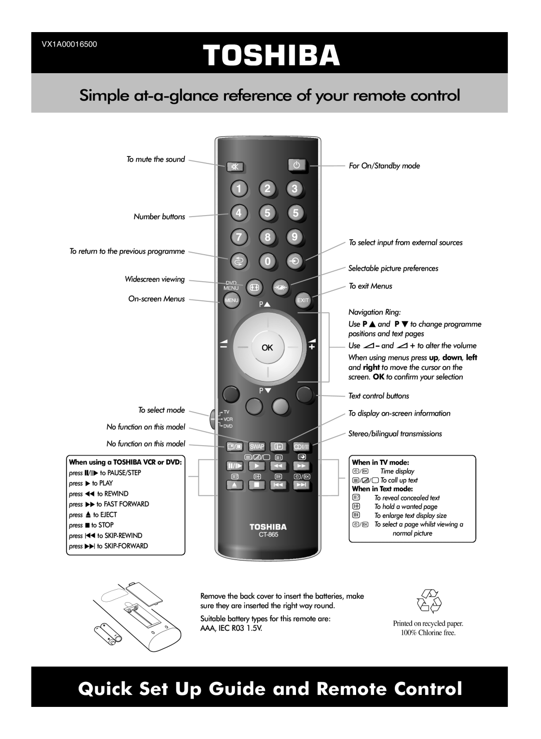 Toshiba VX1A00016500 setup guide Toshiba, Quick Set Up Guide and Remote Control, When using a TOSHIBA VCR or DVD 