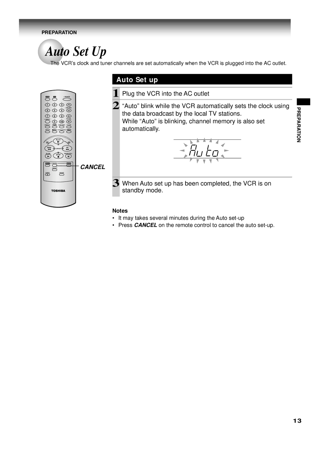 Toshiba W-622 owner manual Auto Set Up, Auto Set up 